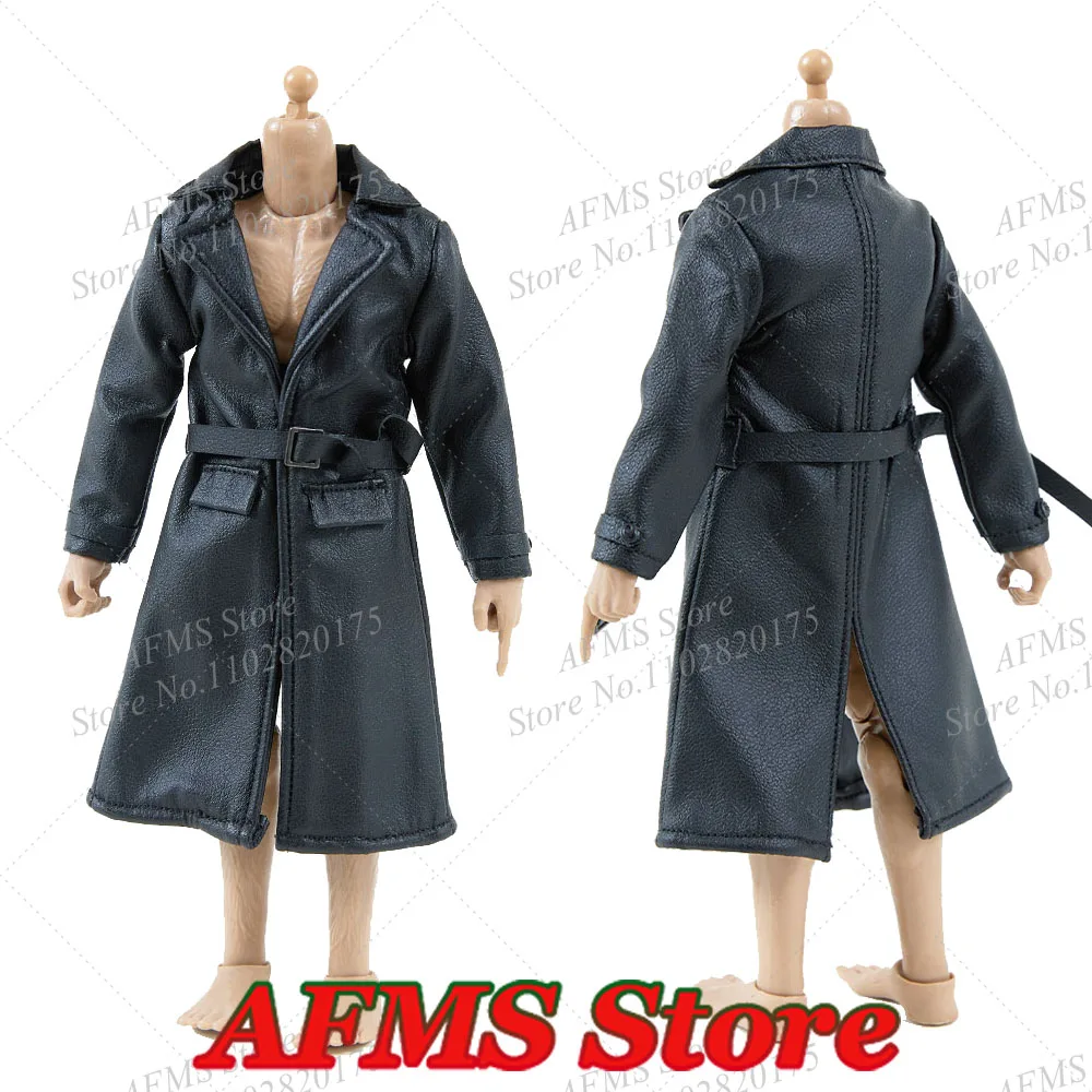 1/12 Men Soldier Windbreaker Mid Length Classic Black Faux Leather Overcoat Mini Trench Jacket Fit 6