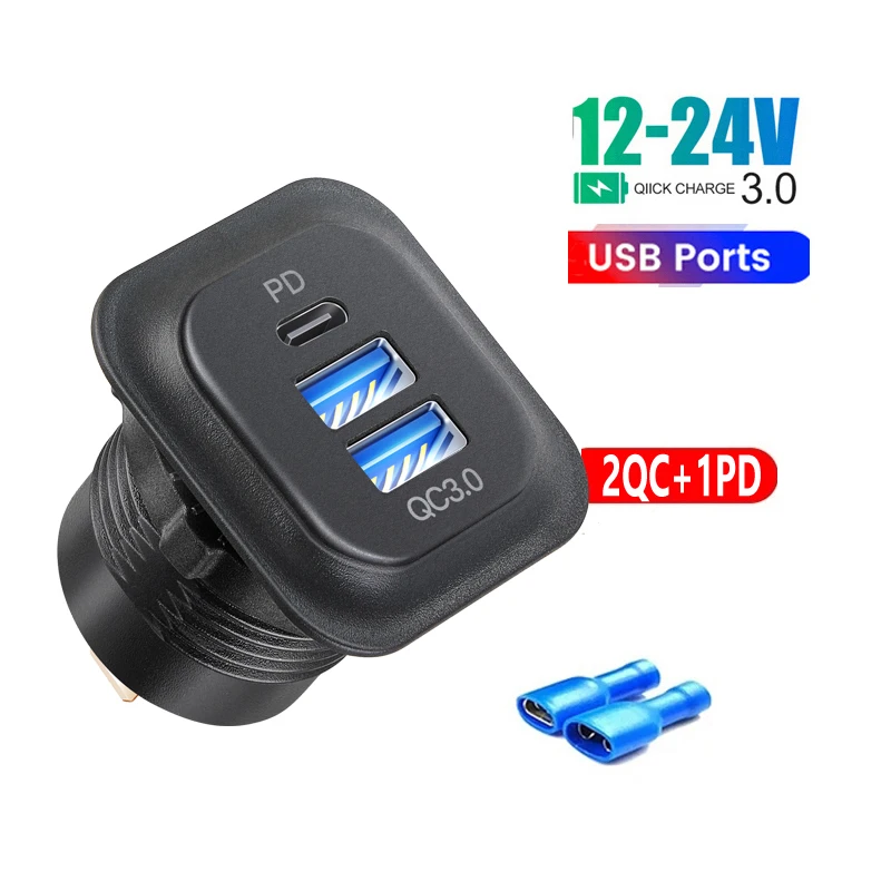 12V 24V Quick Charge Socket 3.0 Dual USB Car Charger Fast Adapter Power Outlet with LED for 12V 24V Boat Marine