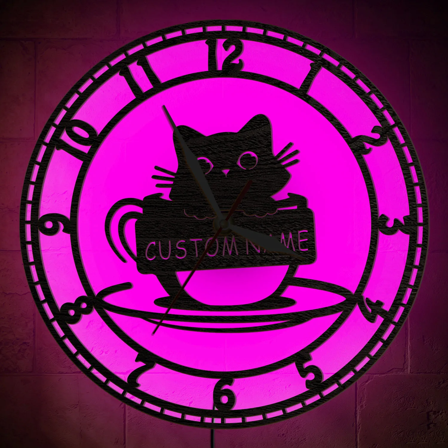 Custom Name Cat In Teacup LED Wall Clock for Home Kitchen Dinning Room RGB Color Changes Night Light Clock Pet Kitten Home Decor