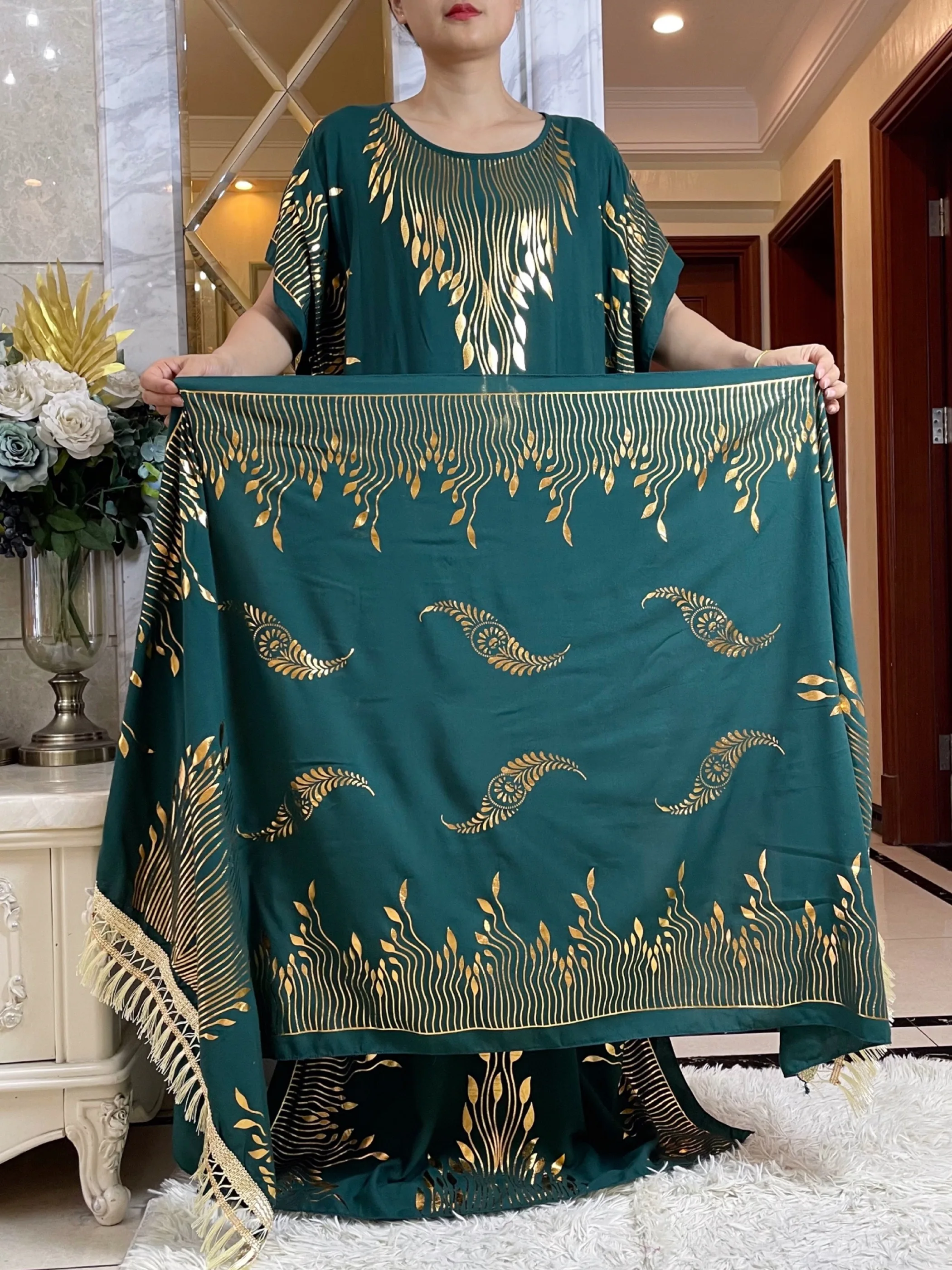 Vestido de manga corta de verano 2024, vestido Abaya holgado con estampado dorado de algodón puro, Maxi vestido Islam con borlas, bufanda grande,