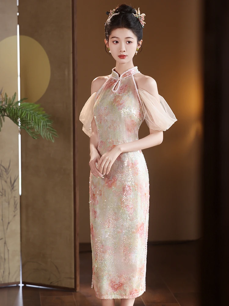 

Новое китайское свадебное платье: блестящее, длинное, вечернее, винтажное, для свадебного приема и банкета в честь возвращения домой