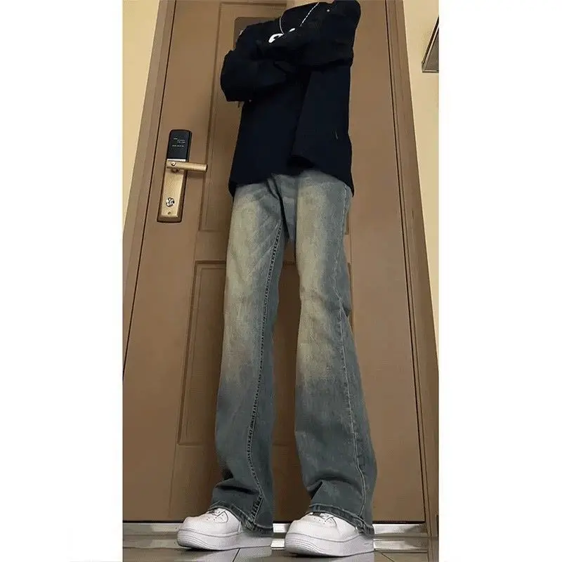 Mens Jeans Harajuku Retro Blue Slim Straight Denim Pants High Street Washed Distressed Flare Trousers Loose Fit Style Fashion