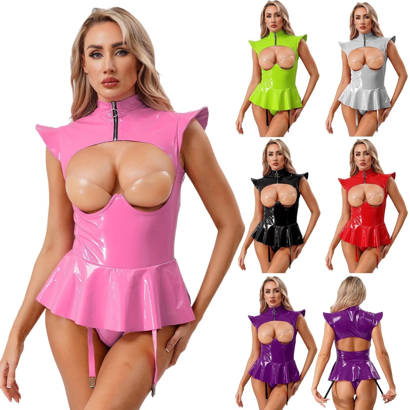 Sexy Women Lingerie Tempting Cutout Bodysuit Nightwear Breast Hollow Out Teddies Ruffled Hem Garters Erotic Flirting Nightwear