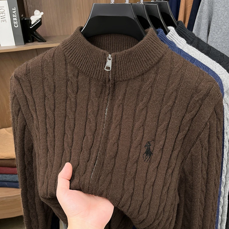 American retro half zipper high neck sweater men's autumn and winter lazy style knitted sweater top trendy brand jacket