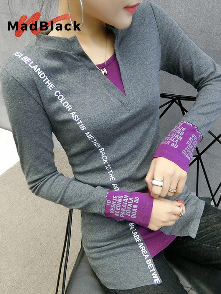 

MadBlack-Women European T-Shirt, Sexy V Neck Letter Patchwork, Streetwear Long Sleeve Slim S-2XL Tee, 2025 Autumn New T59179CC
