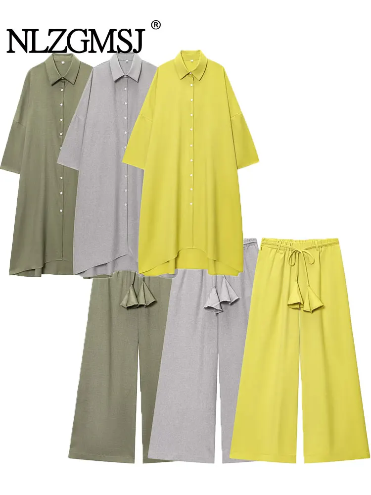 

NLZGMSJ Wide Leg Pants Sets For Women 2 Pieces 2025 New Fashion Long Loose Shirts Women Suit Casual Two Piece Set Women Outfit
