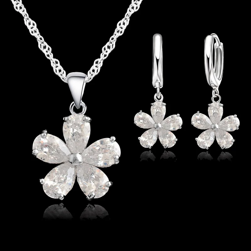 

High Quality Solid 925 Sterling Silver Beautiful Flowers Drop Earrings Necklace Jewelry Sets For Women Female Wedding