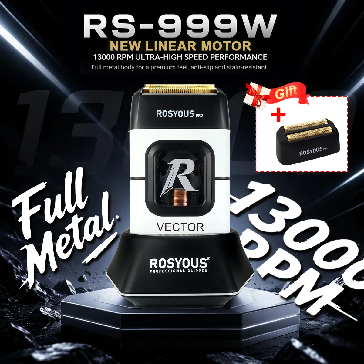 ROSYOUS RS-999W Rasierer für Männer 13000RPM Magnetischer Vektormotor Metallgehäuse mit Ladestation Doppelfolien-Profi-Finishing-Maschine