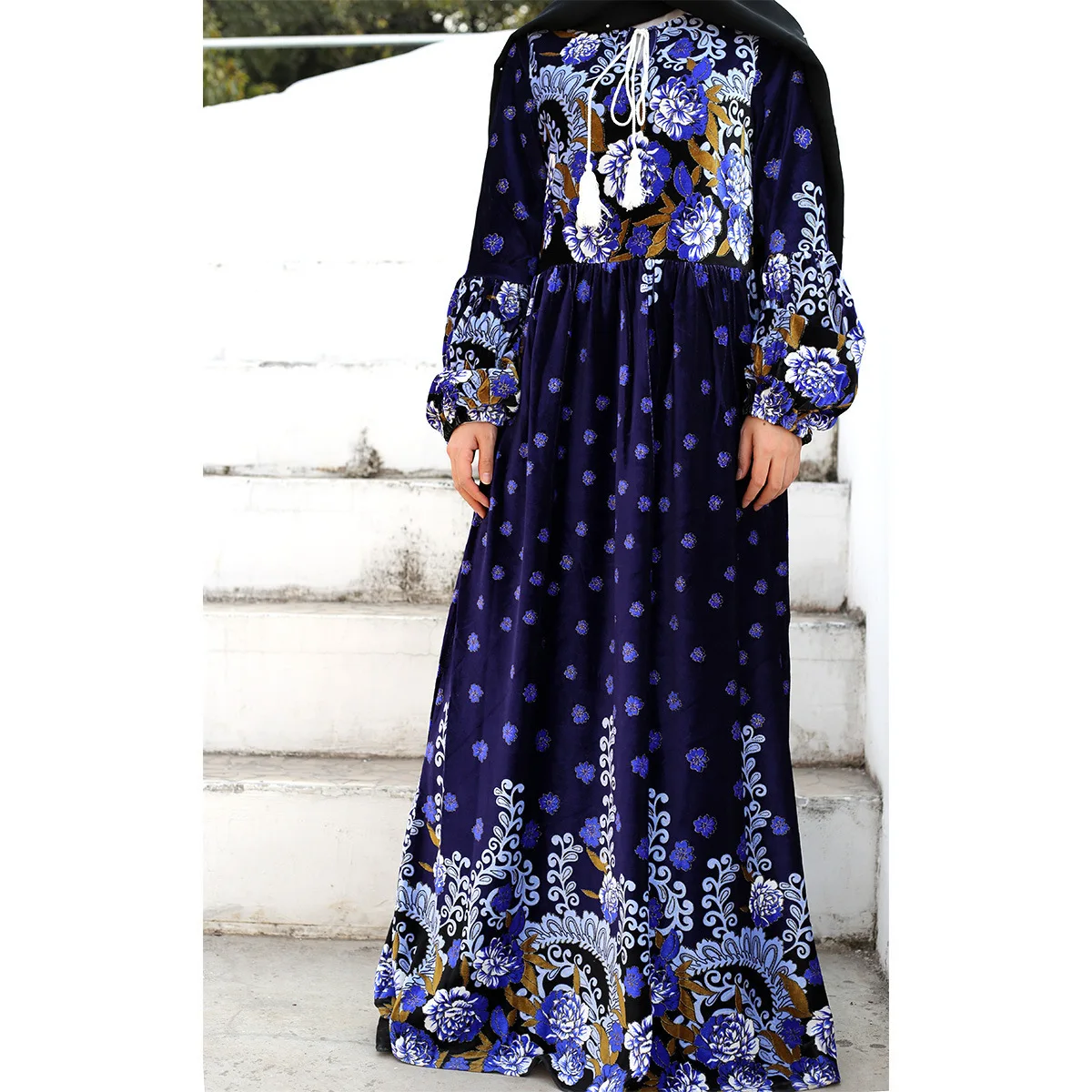 

Autumn and Winter New Golden Velvet Printed Long Skirt Arab Long Sleeve Loose Large Dress 6245 Dubai Luxury Islam Elegant