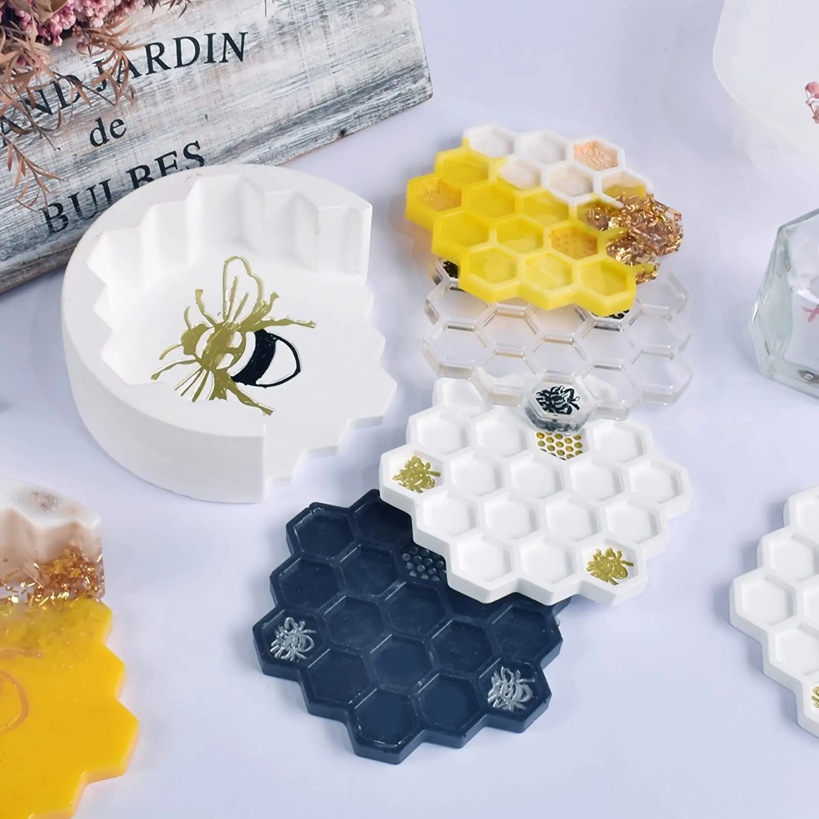 1 Set Of Diy Silicone Coaster Mold, Honeycomb Crystal Drop Resin Coaster With Storage Rack Making Mold