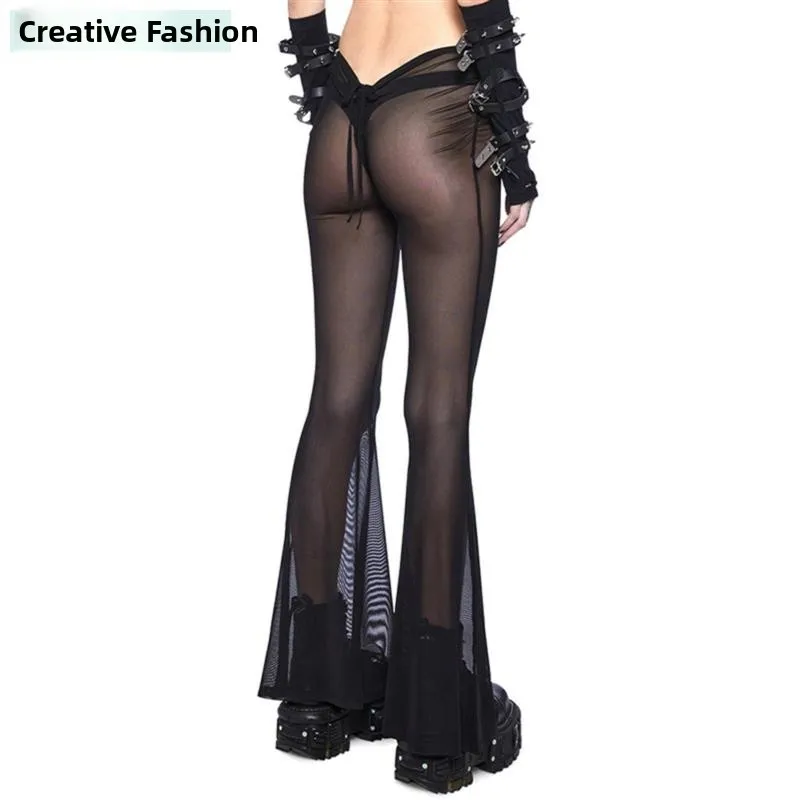 섹시한 메쉬 시스루 로우 웨이스트 슬림핏 롱 팬츠 반투명 레이스 벨트 캐주얼 바지 여성용 울트라씬 가을 패션