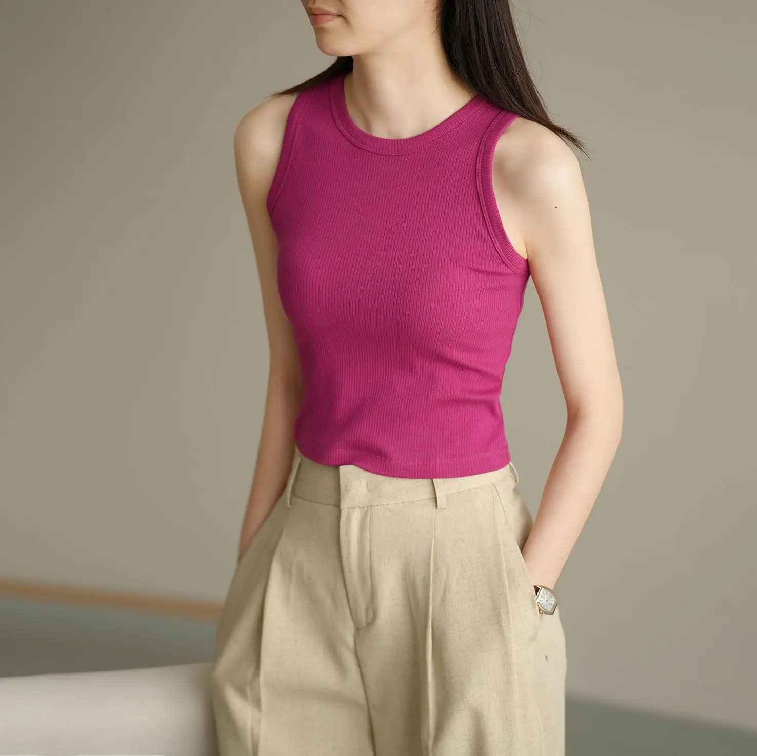 

Spring Summer Ribbed Navel-Baring Tank Top For Women, Slim Fit, Korean Style, Sleeveless Base Shirt, Inner Wear