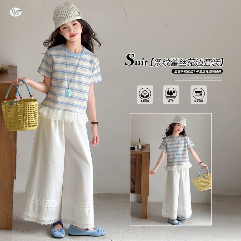 

Girls Suit2026Summer new style for older children, stylish and sweet top with white pants and lace-trimmed pants two-piece set