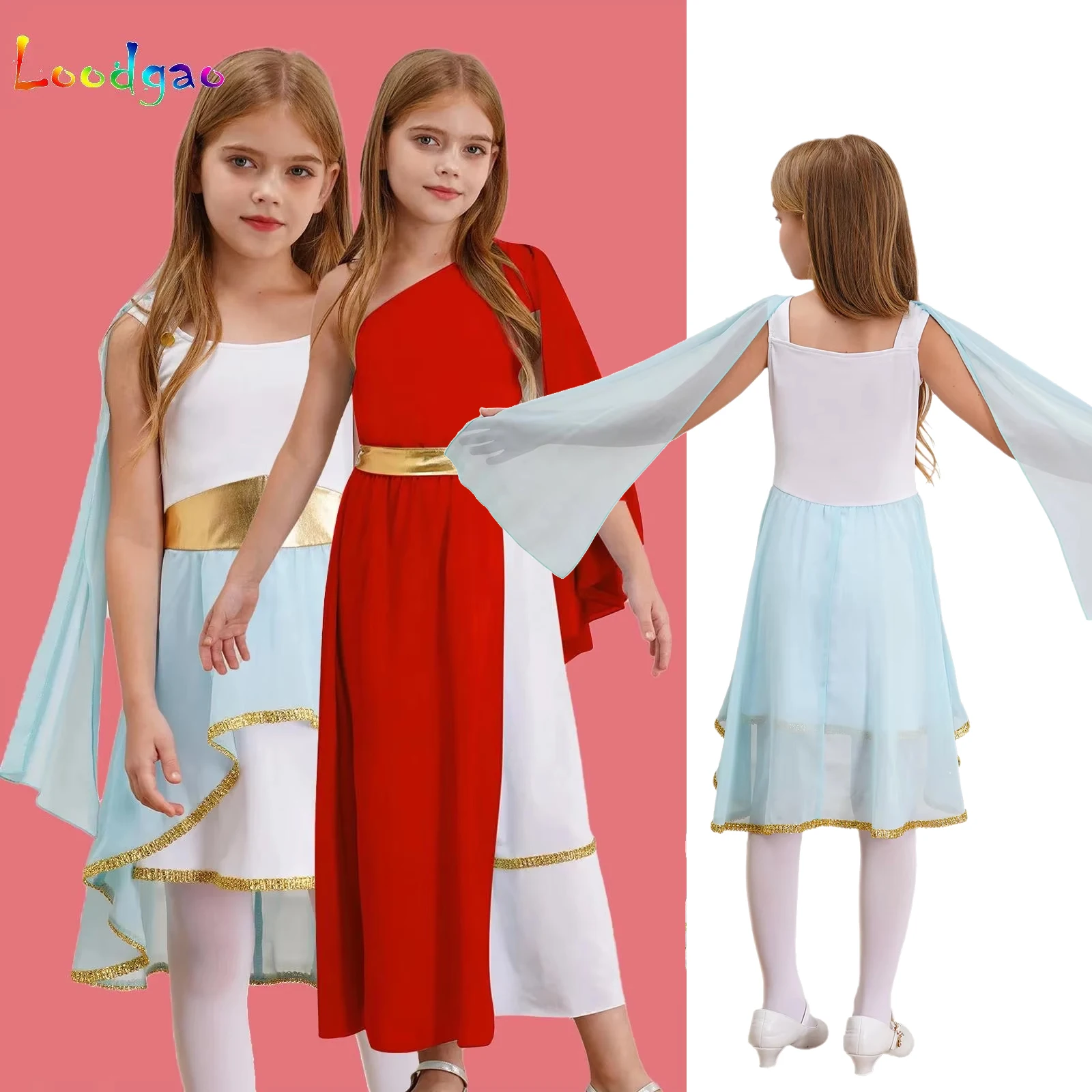 Kids Girls Athena Goddesses Tulle Shawl Flowy Dress Halloween Ancient Greek Rome Egypt Toga Cosplay Costume Egypt Princess Wear