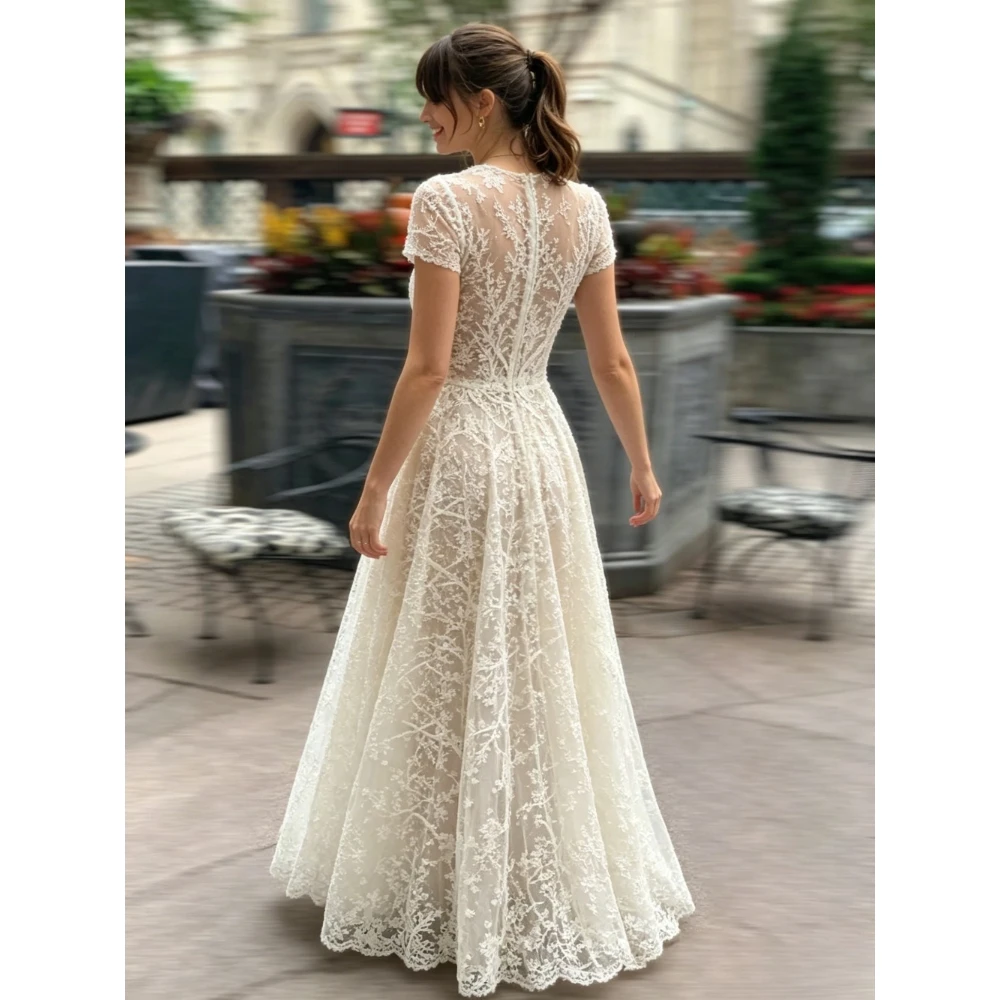 Customized Bohemian Round Neck Retro Wedding Dresses 2026 Short Sleeve Lace A-line Straight Tube Bridal Gown Decorative Stickers