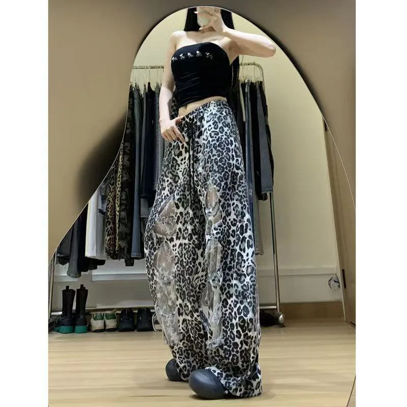 American Leopard Print Lace Patchwork Cutout Wide-Leg Pants Women's Summer Slim 2025 New Drawstring High-Waist Sportswear Pants