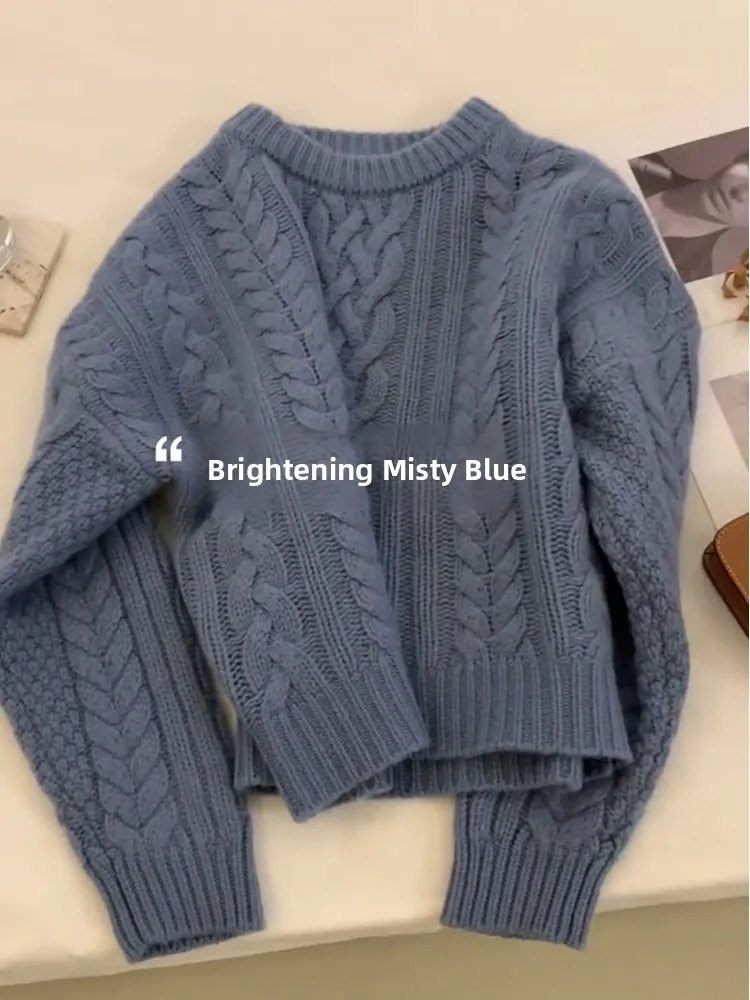 

Blue Bear Fur Knitted Thiened Sweater Women's Autumn Winter Lazy Sle High-End Feeling Outerwear Hooded Knitwear