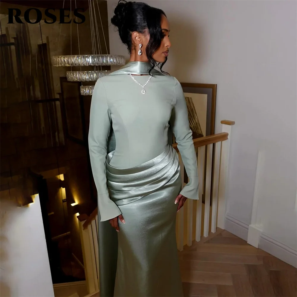 ROSES Mint Green Party Dress O Neck Mermaid Evening Dress Ruched فساتين السهرة Long Sleeve Gala Dress Customized image 3