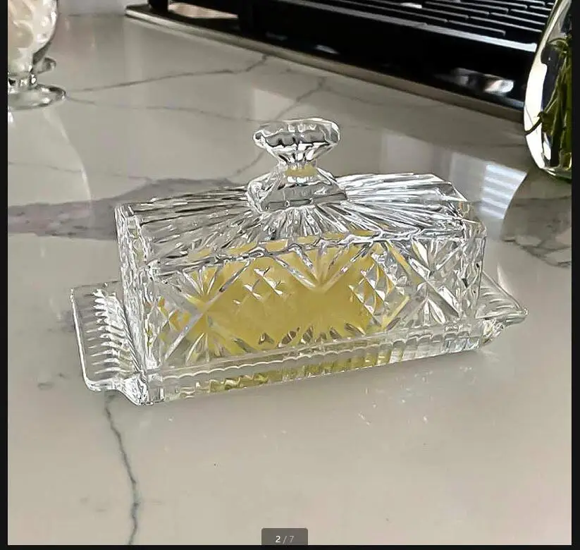 

Crystal Glass Butter Pan Rectangular Dish with Cover Butters Box Crisper Bowl Dim Sum Cake Dessert Plate