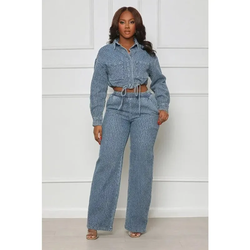 

Women Denim Pant Sets Two Piece Pants Sets Sexy Turn Down Collar Full Sleeve Coats Tops Jackets Long Pants High Elastic Waist