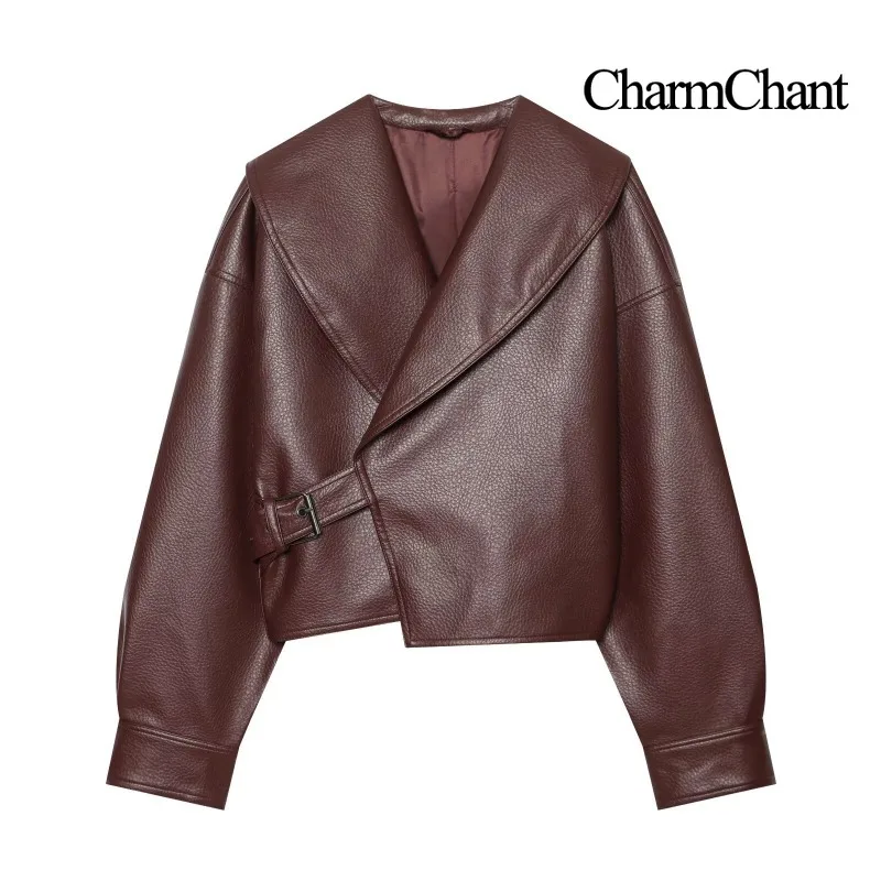 CHARMCHANT Women's Oversized Shawl Collar Faux Leather Cropped Jacket Buckle Strap Loose Coat For Daily Commute Wear Autumn 2026