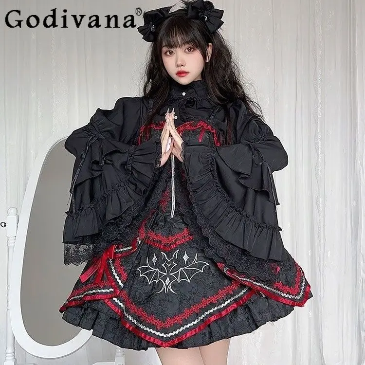 

Dark Loli Japanese Girl Original Lolita Inner Shirt Gothic Turtleneck Horn Sleeve Versatile Bottoming Shirt