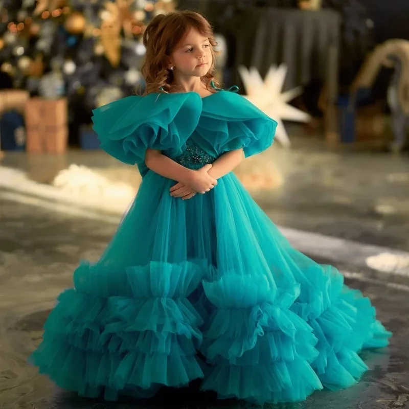 Dark Green Flower Girl Dress Pageant Gown for Wedding Ruffles Beaded Floor Length Kids Birthday Party First Holy Communion Gowns