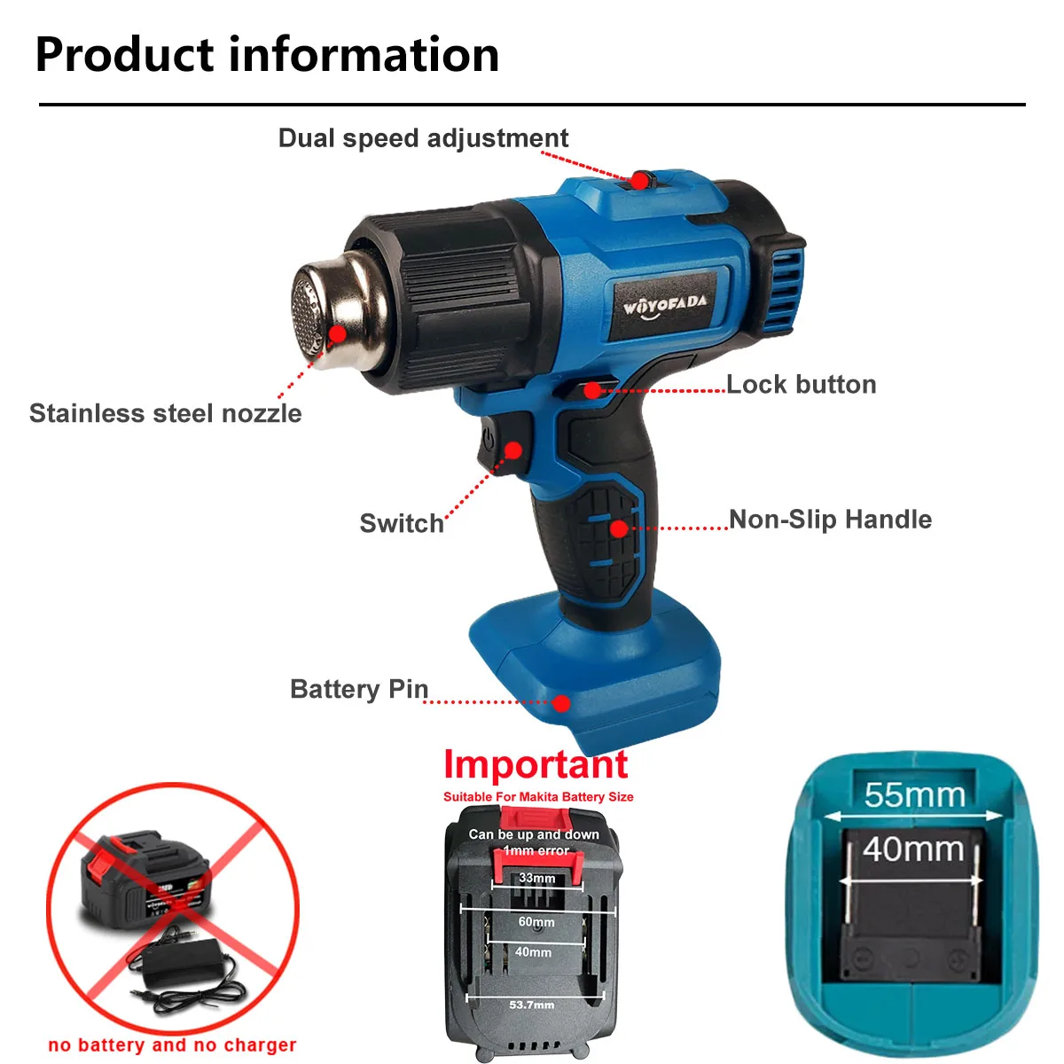 18V Cordless Heat Gun Professional Hot Air Gun for DIY Stripping Paint Shrinking Power Tool for Makita 18V Battery (no battery)