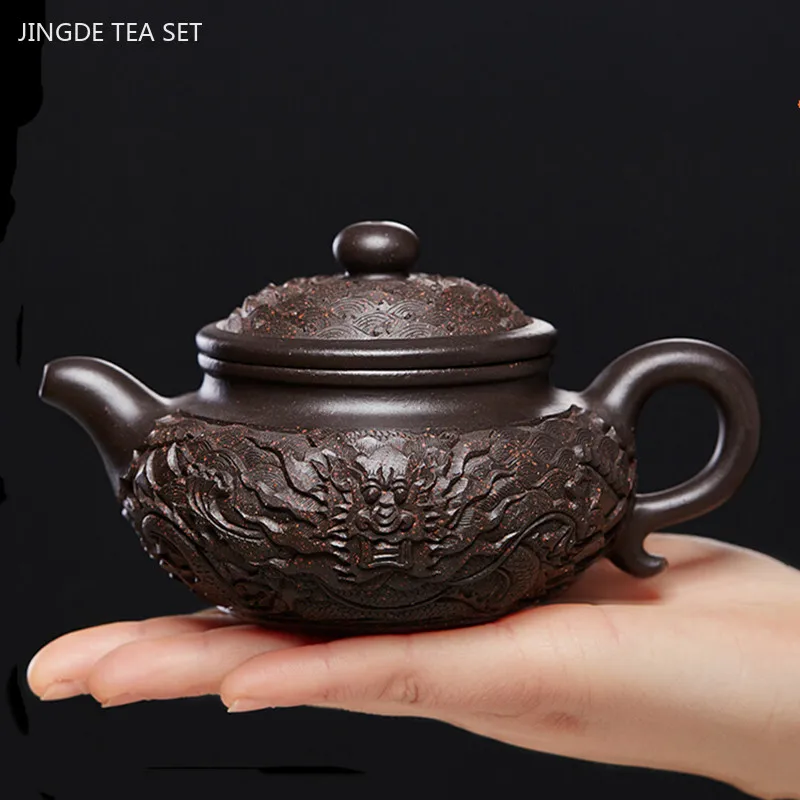 

200ml Handmade Yixing Purple Clay Teapot Raw Ore Black Gold Sand Relief Dragon Pattern Tea Infuser Home High-grade Zisha Tea Set