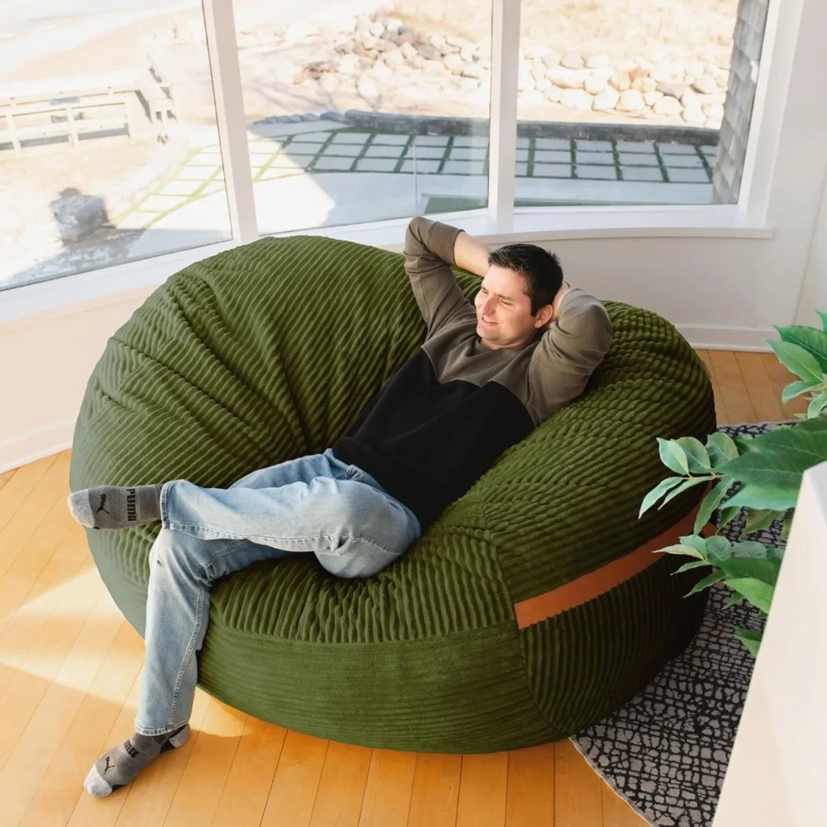 كرسي بين باج عملاق بطول 6 أقدام، غطاء قابل للإزالة من القطيفة باللون الأخضر الطحلب مملوء بالرغوة للبالغين، قيلولة للاسترخاء #4