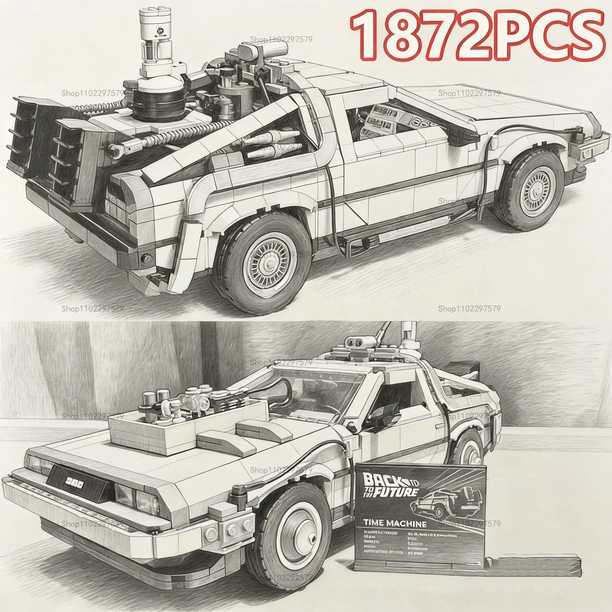 バック・トゥ・ザ・フューチャー-タイムマシン-1872ピース-ミニフィギュア2体付き-組み立てブロックセット-コレクタブル-本格的にディテールを細かく再現したモデルカーのおもちゃ