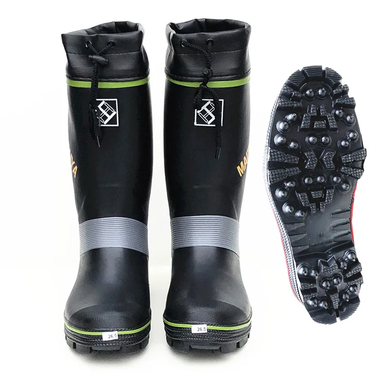 Waterproof Fishing Hunting Rain Boots, Steel Spikes Sole Rubber High Top Rain Shoes, Men Women Upstream Hiking Working Shoes