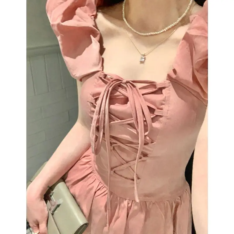 Pink Korean Flying Sleeve Casual Dress Women 2024 Autumn Lace-up Chic Evening Party Dress Female Sweet Fashion Slim Strap Dress