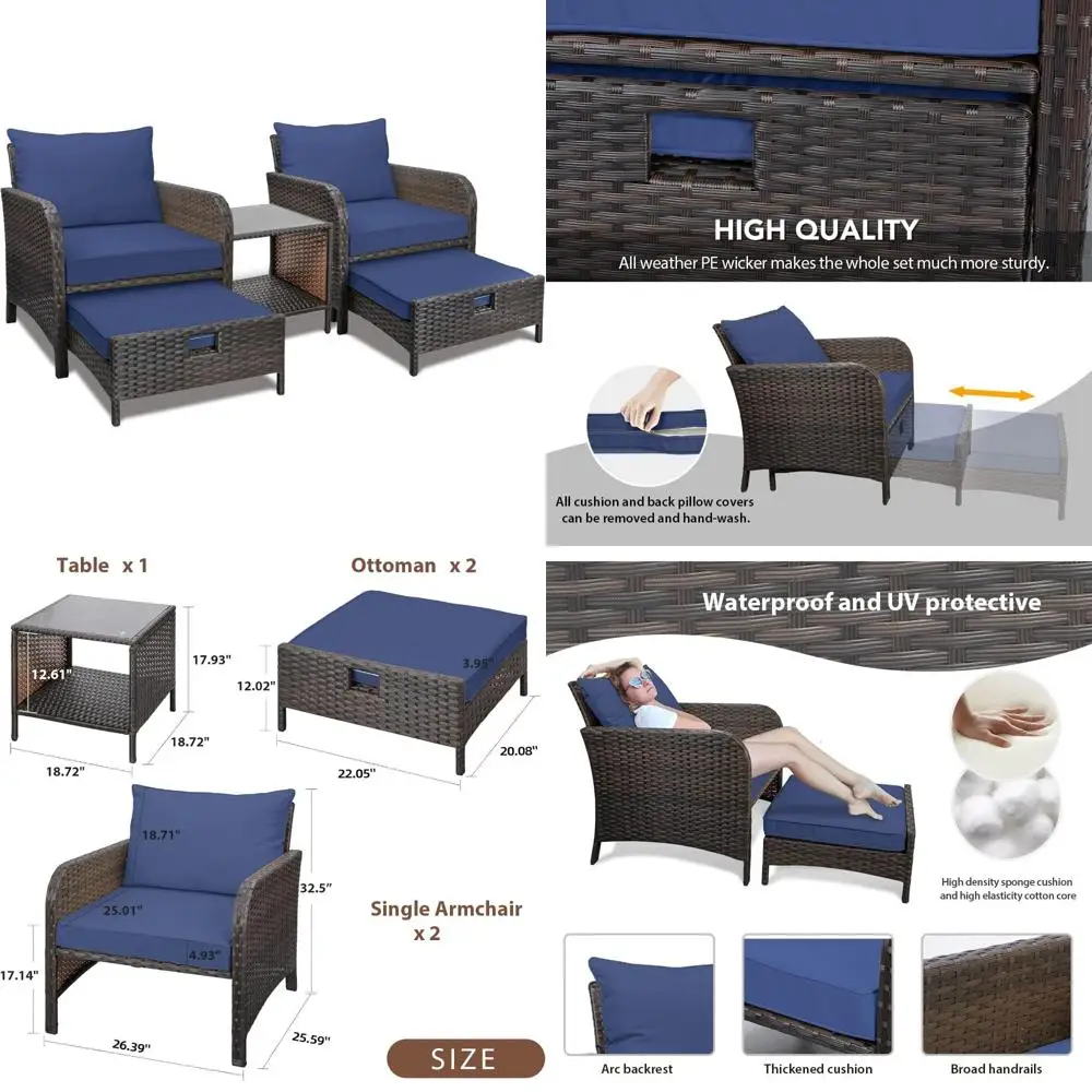 

Balcony Furniture 5 Piece Patio Conversation Set, PE Wicker Rattan Outdoor Lounge Chairs with Soft Cushions 2 Ottoman&Glass Tab