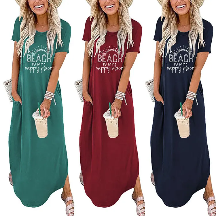 The Beach Is My Happy Place Printed Casual Round Neck Fashion Women's Long Dress