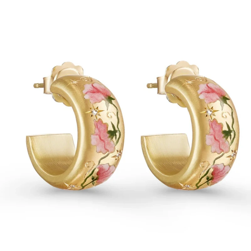 Vintage Gold Color Fashion C-shaped Pink Flower Pattern Earrings for Women's Daily Wear Jewelry Accessories Gifts