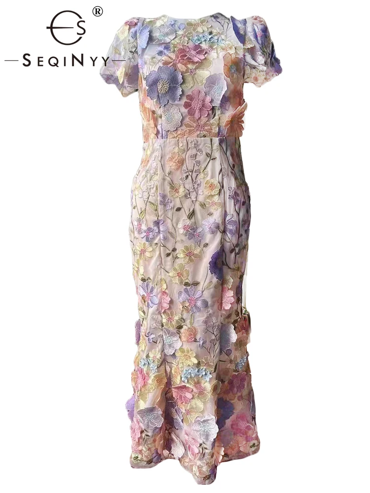 

SEQINYY Elegant Midi Dress Slim Summer Spring New Fashion Design Women Runway High Street Vintage Embroidery Flower Party