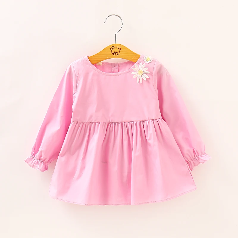 Autumn Fashion Flower Solid Color Long Sleeved Baby Girl Dress Sweet Cute Lovely Comfortable Casual Toddler Dress
