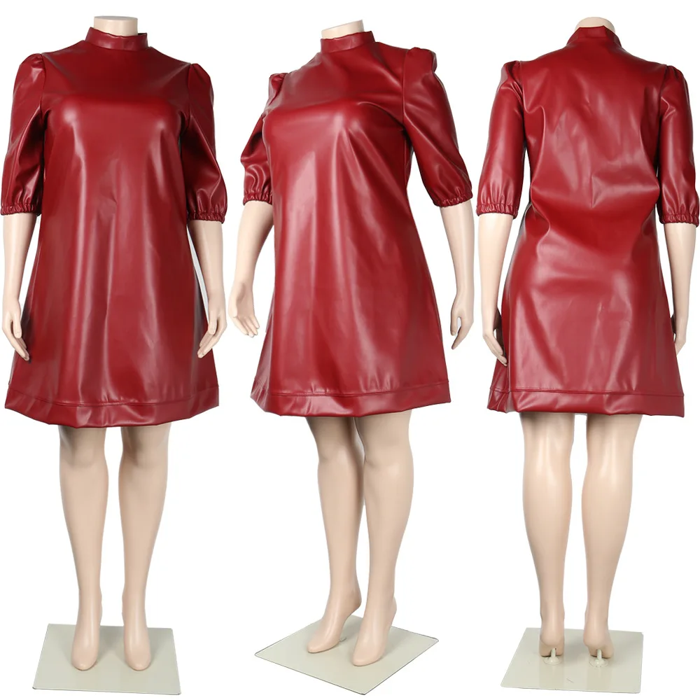 Plus Größe Solide PU Leder Kleid Weibliche Lose Mini Outfit 2025, Frühling Winter Frauen Mode Kleidung Große Größe Einteiliges Kleid