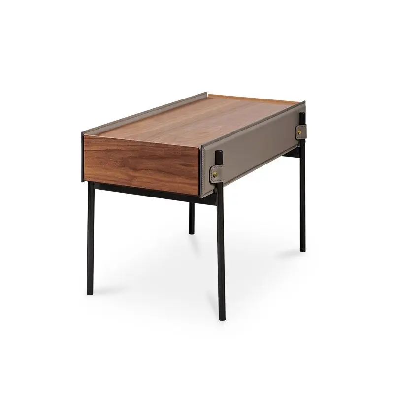 

Italian walnut edge table, sofa armrest cabinet, side corner rectangle, solid wood saddle leather, minimalist side table