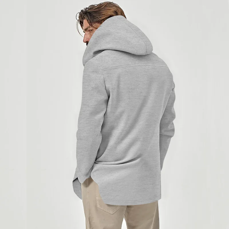 Men's Solid Color Mid-Length Hooded Coat Autumn/Winter Casual Double Buttoned Front Wind Jacket