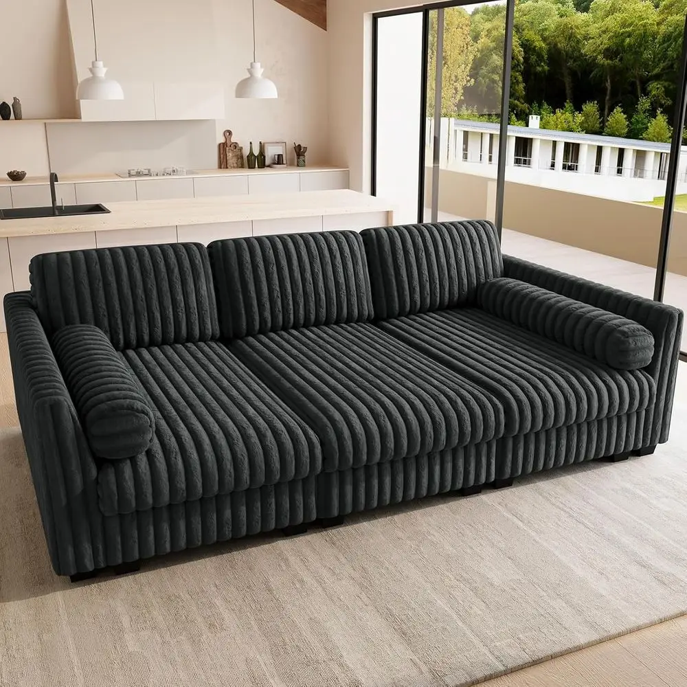

Grey Plush Corduroy Sectional Sleeper Sofa with Deep Seat for Living Room