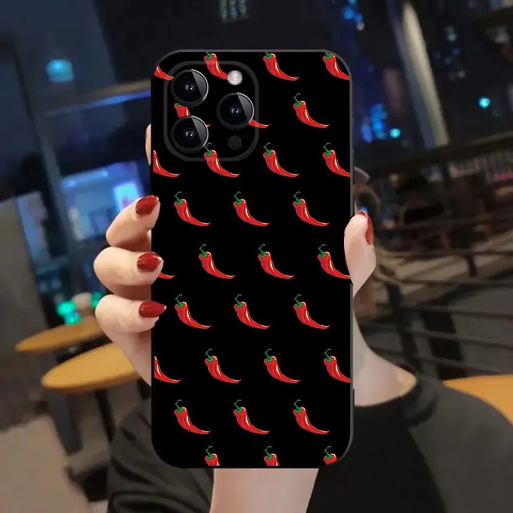 Custodia per telefono modello Red Chilli Pepper per Apple iPhone 15,14,13,12,11, XS, XR, X, 8,7, Pro, Max, Plus, mini Cover nera in silicone