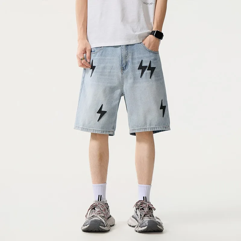 Summer Trendy Men American Street Lightning Leather Patchwork Denim Bermuda Shorts Loose Straight Fashion Five Points Pants