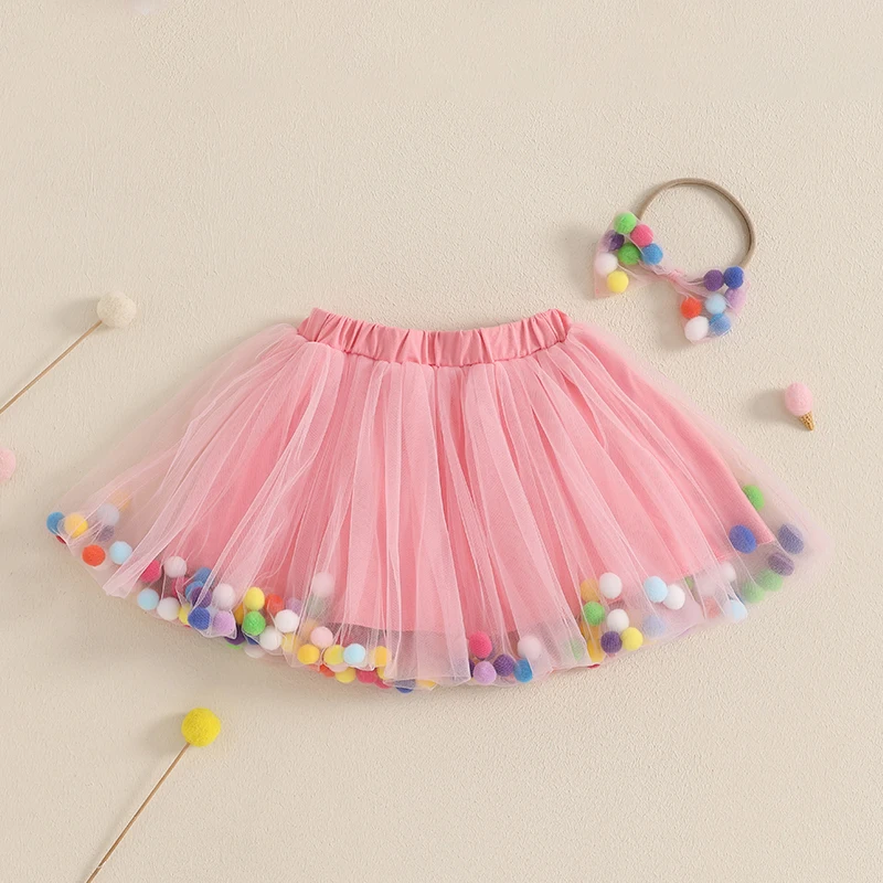 Peutermeisje Mesh Tutu Rok Kleurrijke pluche bal Elastische taille Tule rok Verjaardag A-lijn rok met hoofdband 1-5 jaar