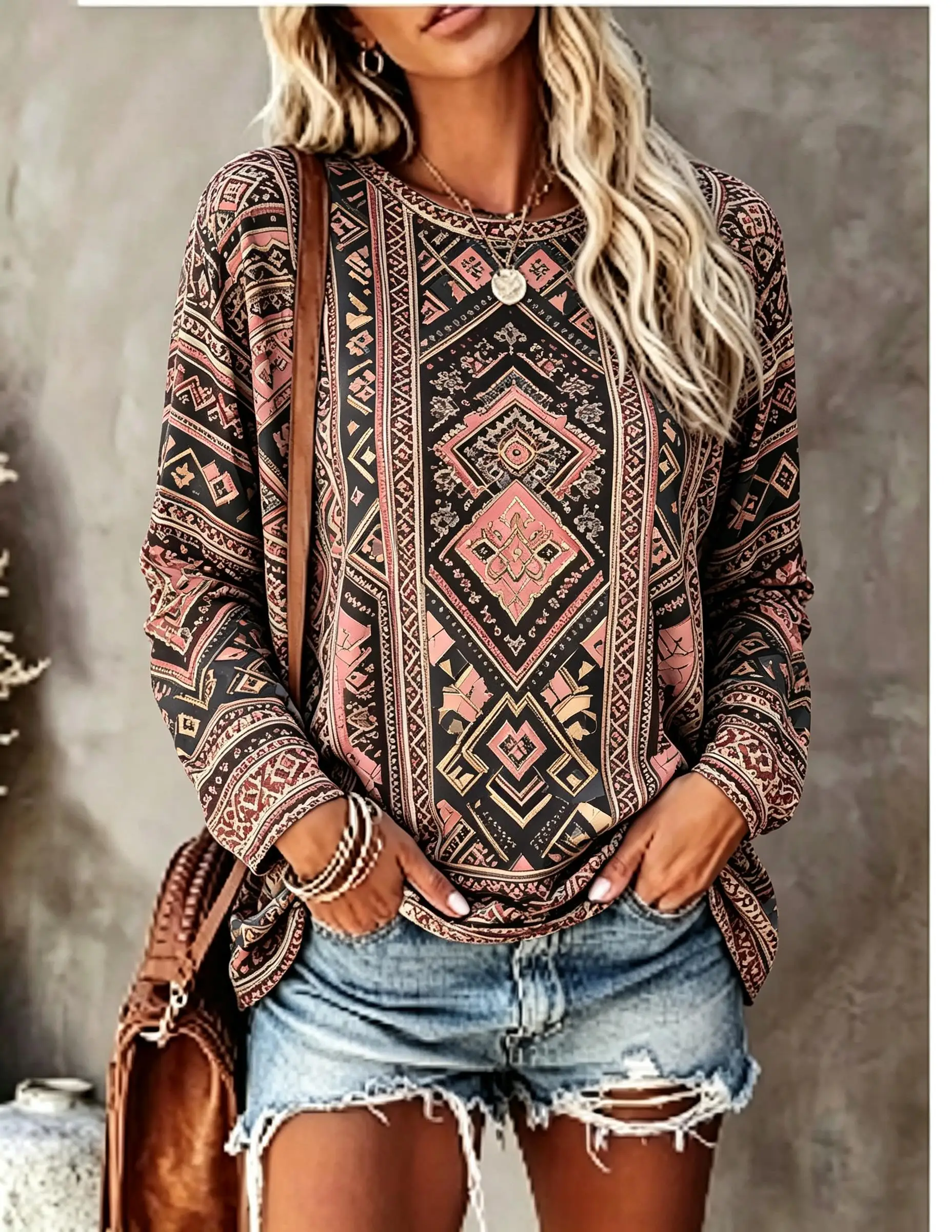 Women Crew Neck Long Sleeve Tunic Dress Vintage Faux Boho Aztec Geometric Tribal Flat Print Oversized Loose Mini