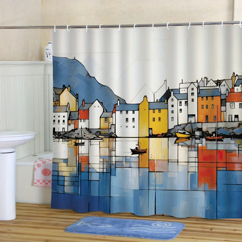 Colorful Lake Reflection House Scenery Shower Curtain - Waterproof Polyester with Hooks, Machine Washable - YWJHUI Bathroom Deco