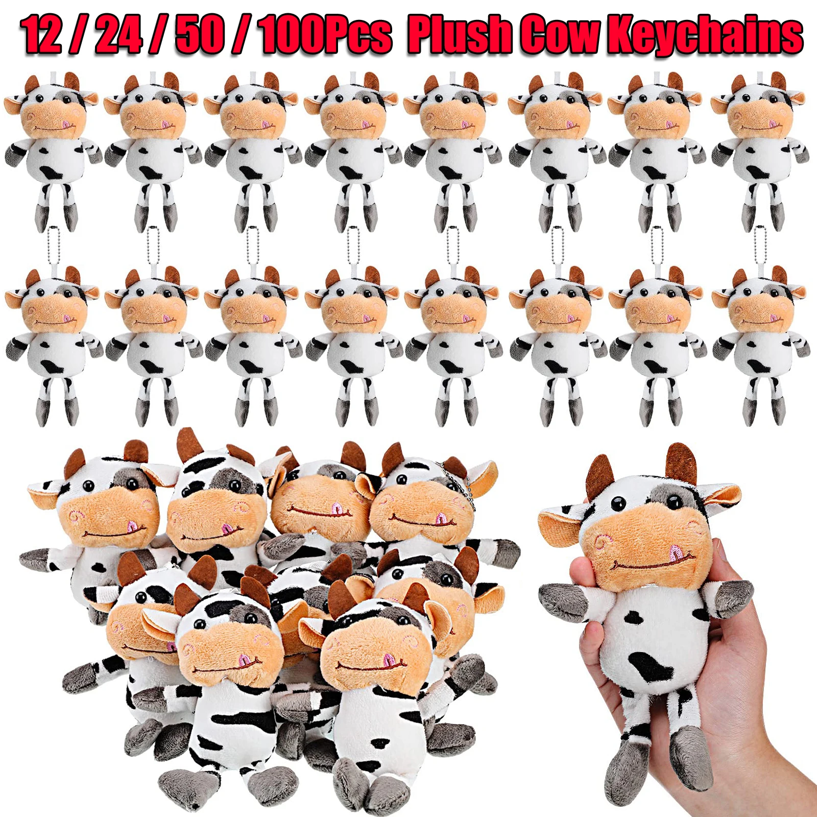 12-100Pcs Cow Keychain Bulk Cow Toy Keychain Stuffed Farm Animal Keyring Cows Party Favors Gift for Backpack Handbag Purse Xmas