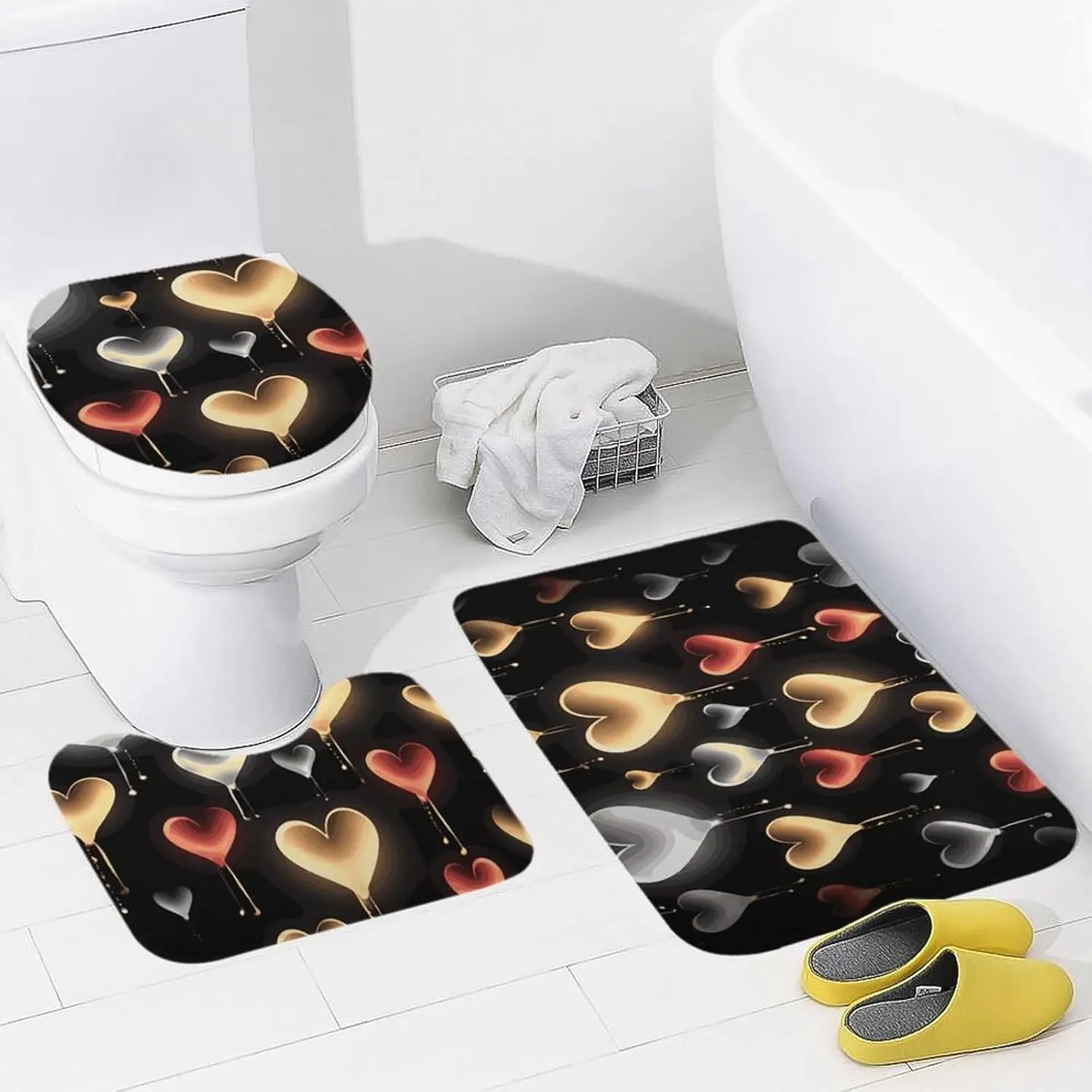 3 Piece Bath Rug Set Non Slip Absorbent Bath Mat Contour Mat with Toilet Lid Cover Glowing Love Soft Floor Mats for Bathroom