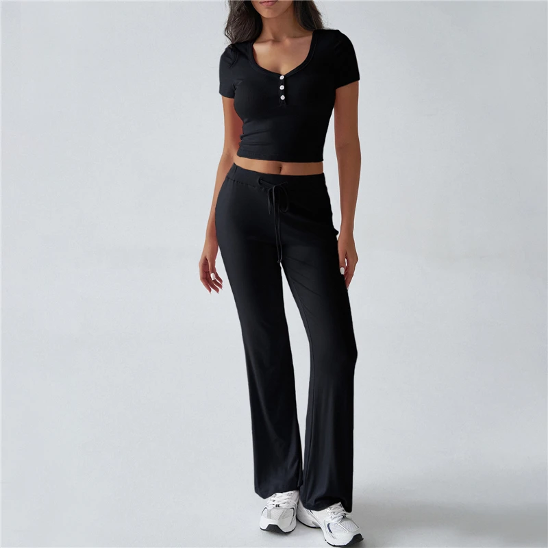 Feminino 2 peça outfits primavera verão casual cor sólida colheita manga curta henley camisa e cordão queimado calças conjunto streetwear